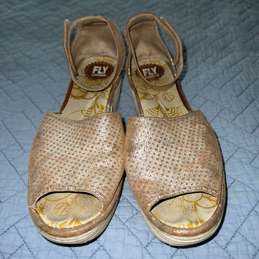 Fly London Yake Metallic Leather Wedge Sandals